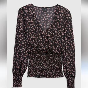 GAP Black Floral Smocked Wrap Blouse Long Sleeve Women’s Large Tall